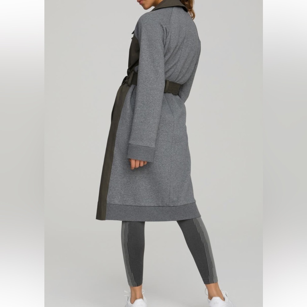 EUC Good American 2 Tone Olive Gray Fleece Mixed Media Midi Trench - Picture 2 of 14